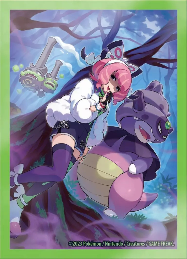 1girl asymmetrical_legwear bracelet breasts collar drill_hair dynamax_band eyeshadow flipped_hair fur_jacket galarian_form galarian_slowking galarian_weezing gen_8_pokemon gloves jacket jewelry klara_(pokemon) makeup medium_breasts mismatched_legwear mole mole_under_mouth nintendo official_art pink_eyeshadow pink_hair pink_lips pokemon pokemon_(creature) pokemon_swsh pokemon_tcg print_shirt print_shorts print_thighhighs purple_collar purple_eyes ring shaded_face shirt short_hair shorts side_slit side_slit_shorts single_glove tail thighhighs twin_drills