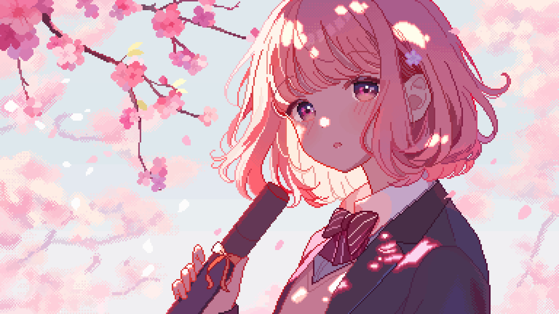 1girl blunt_bangs blush bow bowtie branch brown_sweater_vest cherry_blossoms collared_shirt dappled_sunlight day diploma falling_petals flower graduation highres holding holding_diploma jacket looking_at_viewer medium_hair original outdoors parted_lips petals pink_eyes pink_flower pink_hair pink_petals pink_ribbon pink_theme red_bow red_bowtie ribbon school_uniform shirt shusi_(6muuu3) sky solo sunlight sweater_vest upper_body white_shirt