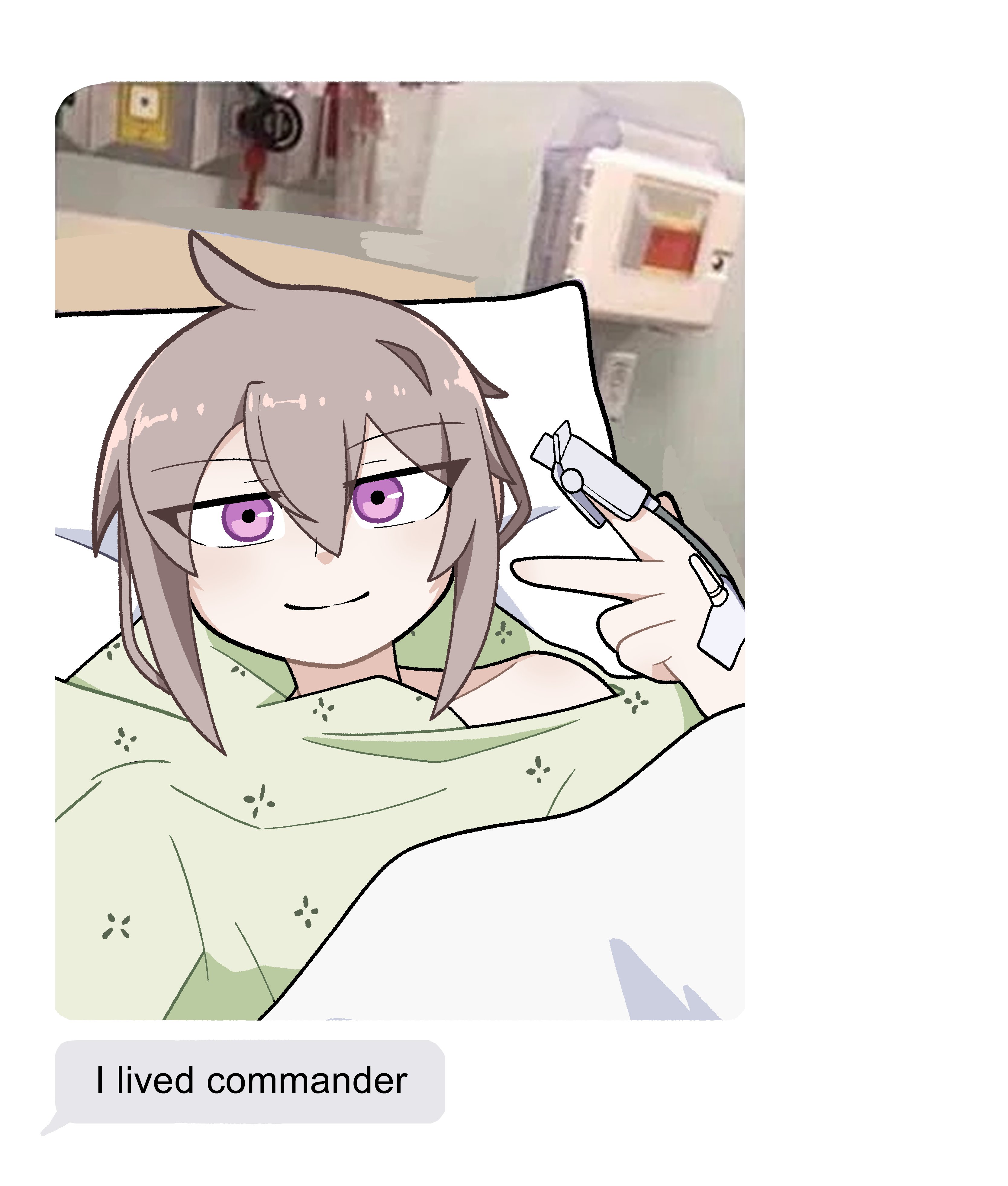 1girl absurdres bed blanket fake_text girls&#039;_frontline grey_hair guiritiru highres hospital_bed hospital_gown i_lived_bitch_(meme) looking_at_viewer m200_(girls&#039;_frontline) meme pillow purple_eyes smile solo v