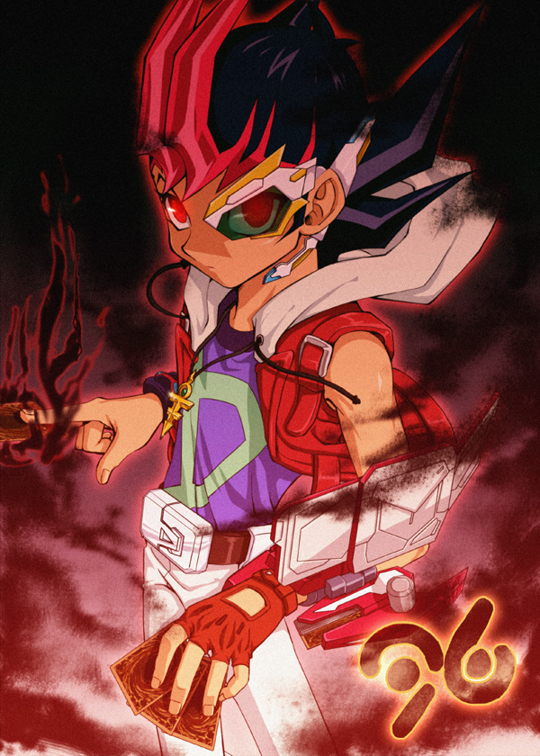 1boy anchor_necklace belt black_background black_hair black_wrist_cuffs blue_shirt card colored_bangs corruption d-gazer d-pad dark_persona darkness duel_disk colored_bangs facing_to_the_side fog gloves gold_necklace holding holding_card hood hooded_vest hoodie jewelry looking_at_viewer magic male_focus necklace numbered open_clothes open_vest pants partially_fingerless_gloves raku_(howdy) red-eye_effect red_background red_gloves red_vest shirt spiked_hair technology techwear tsukumo_yuma vest white_belt white_hood white_pants wind wrist_cuffs yu-gi-oh! yu-gi-oh!_zexal