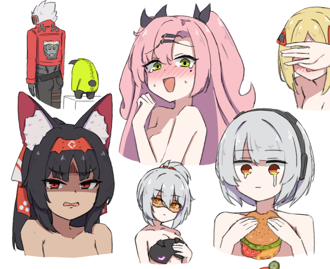 1boy 5girls amillion_(zenless_zone_zero) anby_demara billy_kid burger burger_malfunction chirun0 commentary covering_breasts covering_privates crying crying_with_eyes_open embarrassed english_commentary fast_food food goggles holding holding_burger holding_food holding_mask lettuce looking_at_viewer mask multiple_girls nekomiya_mana nicole_demara pickle sesame_seeds soldier_11_(zenless_zone_zero) tears tomato tomato_slice topless_female trigger_(zenless_zone_zero) zenless_zone_zero