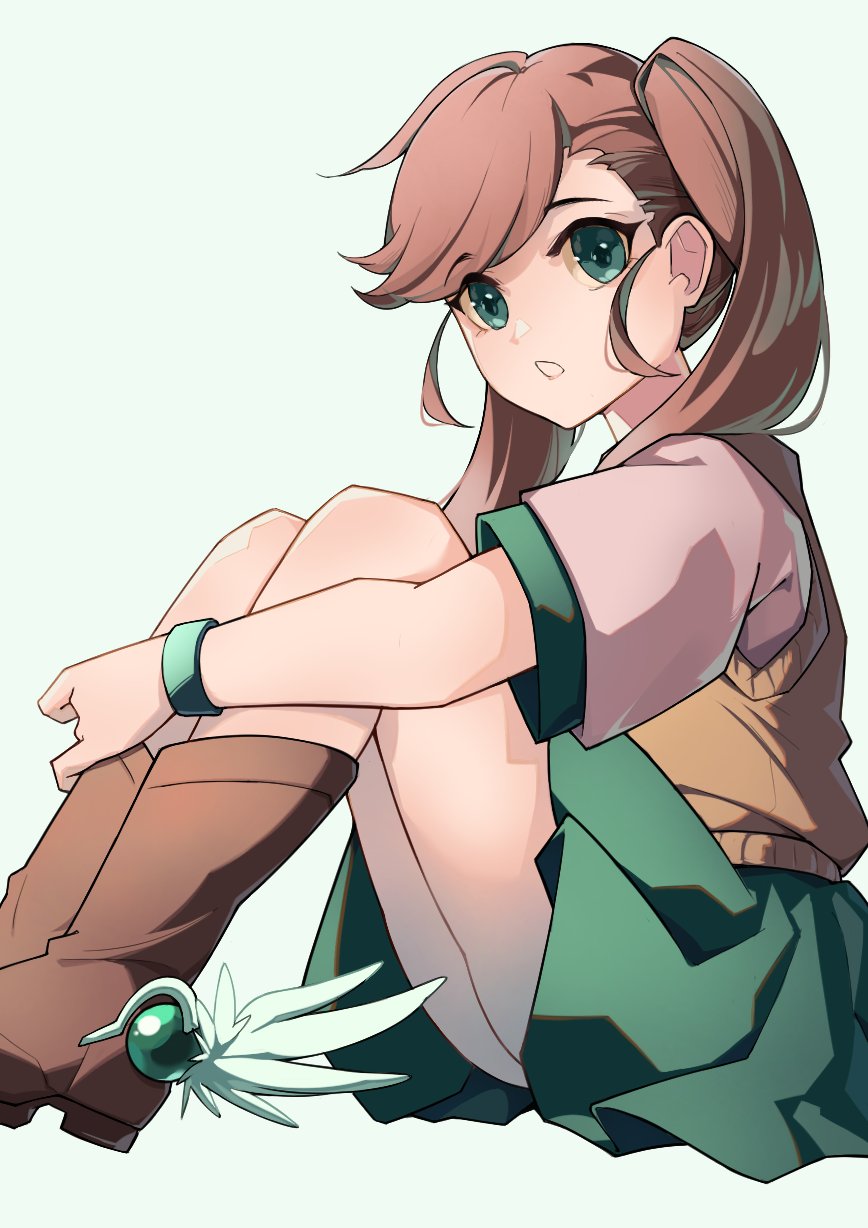1girl ankle_wings brown_hair green_eyes highres long_hair nanase_(under_night_in-birth) school_uniform skirt solo sweater_vest tierra_misu twintails under_night_in-birth wings