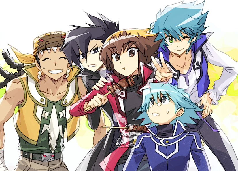 5boys belt black_eyes black_hair black_pants black_shirt blue_hair blue_jacket brown_eyes brown_hair brown_hat brown_pants closed_eyes coat eating food glasses green_eyes green_shirt hand_on_another&#039;s_shoulder hat holding holding_skewer jacket johan_andersen manjoume_jun marufuji_sho moribuden multiple_boys open_clothes open_jacket pants red_jacket shirt shish_kebab skewer sliced_meat smile trench_coat tyranno_kenzan v white_background white_shirt yellow_jacket yu-gi-oh! yu-gi-oh!_gx yuki_judai