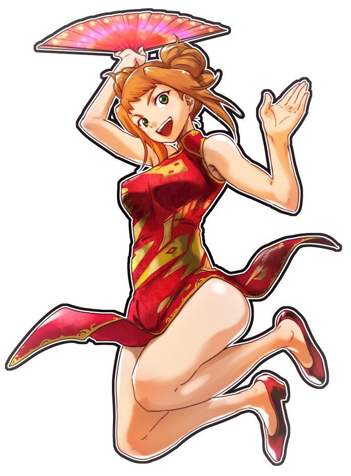 1girl aoba_(smartbeat) breasts bun_cover china_dress chinese_clothes double_bun dress female_focus folding_fan full_body green_eyes hair_bun hand_fan holding holding_fan long_hair looking_at_viewer my-hime orange_hair paper_fan red_dress red_hair side_slit simple_background sleeveless smile solo sugiura_midori white_background