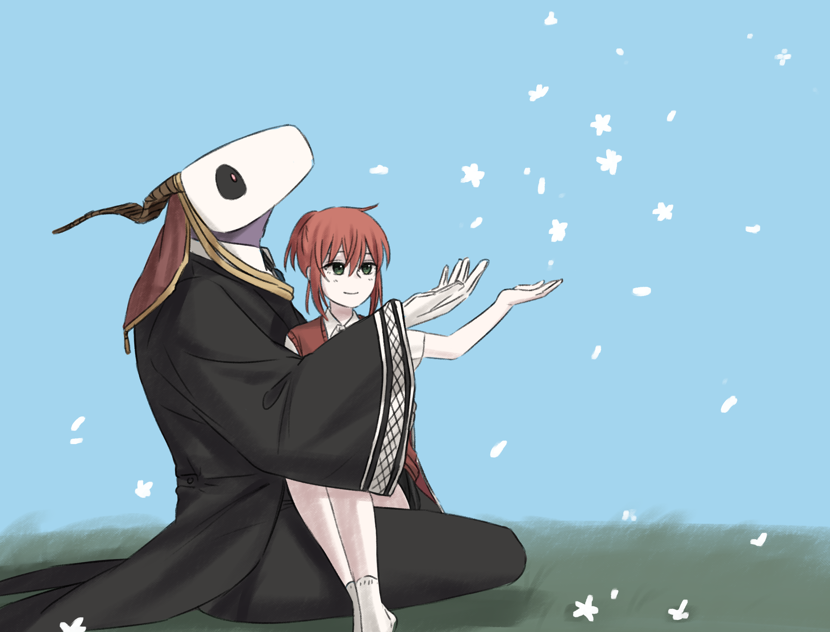 1boy 1girl animal_skull black_coat black_pants blue_sky closed_mouth coat day delfuze elias_ainsworth falling_flower green_eyes hatori_chise highres horns interspecies mahou_tsukai_no_yome outdoors pants ponytail red_hair red_vest sitting sitting_on_lap sitting_on_person skull_head sky smile socks vest white_socks