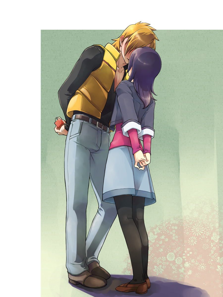 00s 1boy 1girl black_pantyhose blush brown_hair couple face-to-face fresh_precure! gift hetero higashi_setsuna highres imminent_kiss jacket long_hair nishi_hayato pantyhose precure purple_hair short_hair skirt sugienoki wester