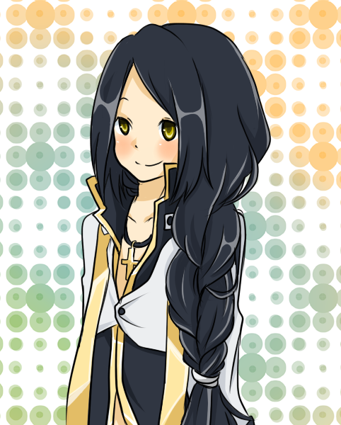 1boy arch_bishop_(ragnarok_online) bishounen black_coat black_hair blush closed_mouth coat commentary_request cropped_jacket cross cross_necklace green_background jacket jewelry long_hair long_sleeves looking_afar male_focus meiko_(nattu303) necklace ragnarok_online smile solo upper_body white_background white_jacket yellow_eyes