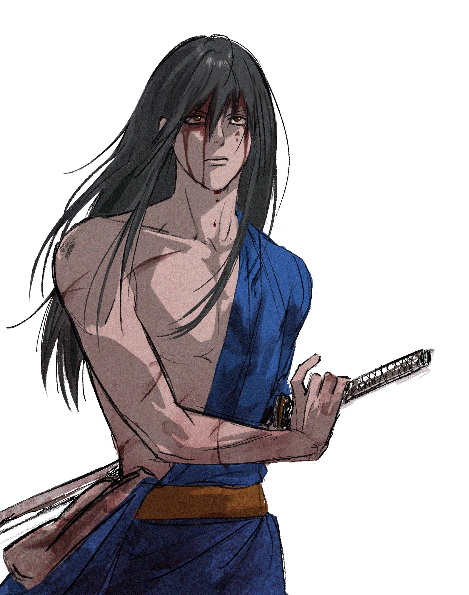 1boy black_hair blood blood_on_face blue_kimono brown_eyes collarbone commentary_request cuts fighting_stance gintama hadanugi_dousa highres holding holding_sword holding_weapon injury japanese_clothes katana katsura_kotarou kimono long_hair male_focus missing_limb official_alternate_costume open_kimono pectoral_cleavage pectorals ready_to_draw salmonfatty scar scar_on_arm scar_on_chest solo sword weapon white_background yellow_eyes