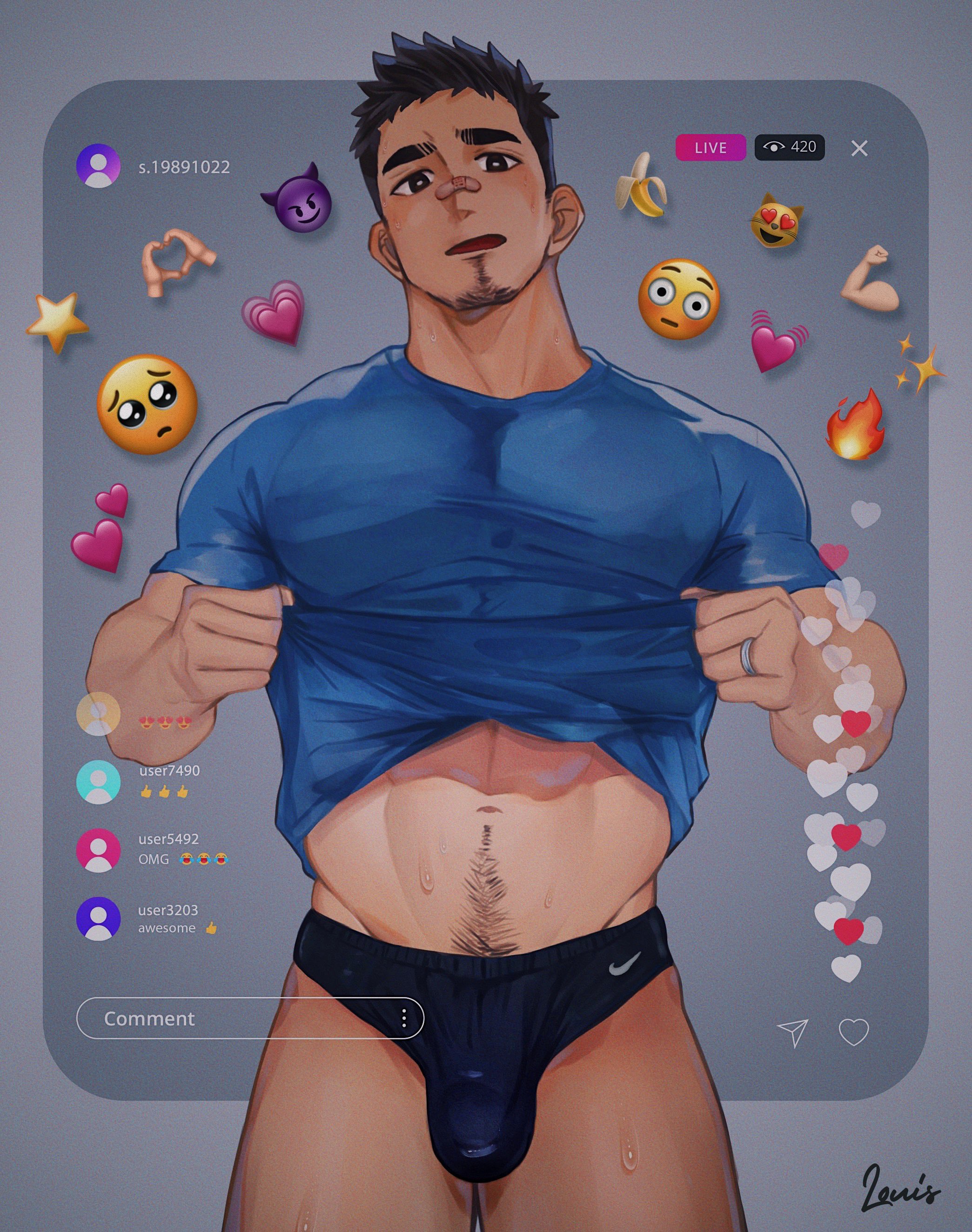 1boy absurdres banana_emoji bandaid bandaid_on_face bandaid_on_nose bara black_hair black_male_underwear blue_skirt briefs bright_pupils clothes_lift covered_penis demon_emoji emoji facial_hair feet_out_of_frame flaccid goatee head_tilt heart heart_emoji heart_hands highres jewelry large_pectorals lifting_own_clothes livestream long_sideburns looking_at_viewer louis_tjxx male_focus male_underwear muscular muscular_male navel navel_hair nike_(company) original pectorals pleading_face_emoji ring shirt shirt_lift short_hair sideburns skirt solo standing sweat t-shirt thick_eyebrows underwear undressing