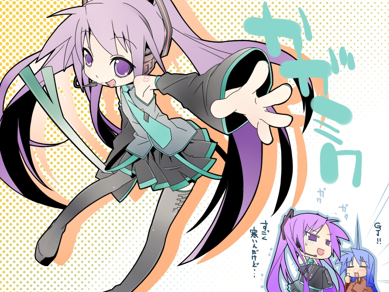:3 bare_shoulders blue_hair blush boots cosplay detached_sleeves hatsune_miku hatsune_miku_(cosplay) hiiragi_kagami izumi_konata long_hair lucky_star necktie nyuusankin purple_eyes purple_hair skirt thigh_boots thighhighs twintails vocaloid