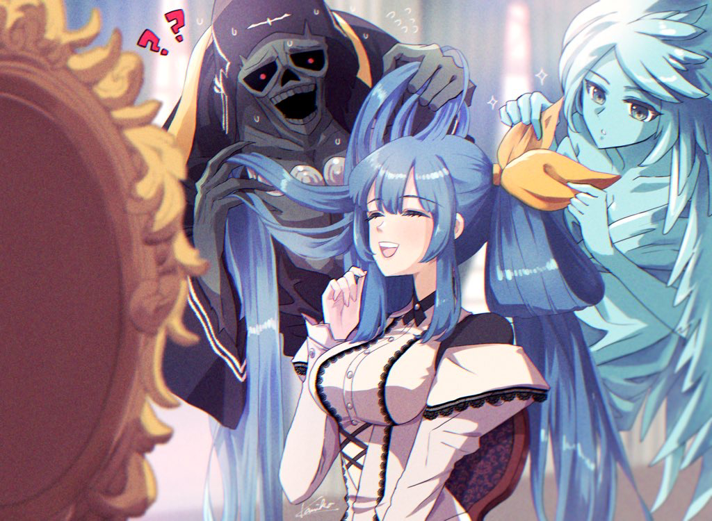 1girl ? ?? angel_wings asymmetrical_wings breasts chair closed_eyes dizzy_(guilty_gear) dress frilled_dress frills guilty_gear guilty_gear_xrd hair_ribbon hair_rings indoors kanea_(nikoinoillust) large_breasts laughing long_hair mirror necro_(guilty_gear) open_mouth ribbon sidelocks signature sitting twintails undine_(guilty_gear) wings yellow_ribbon