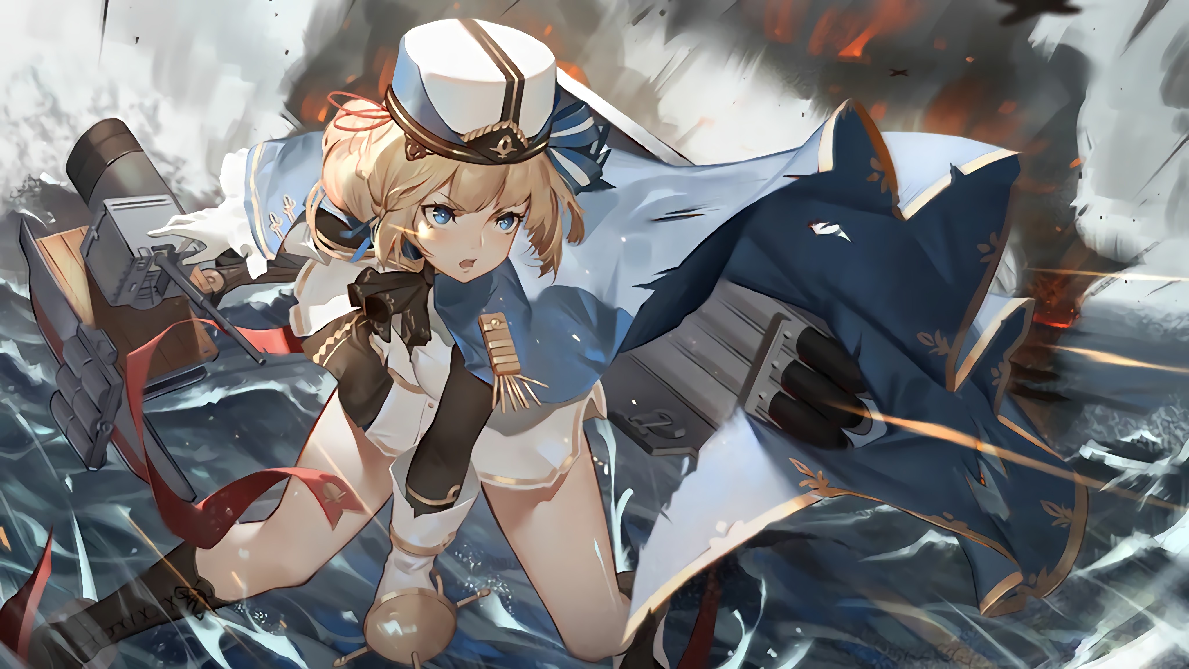 1girl absurdres azur_lane bare_legs blonde_hair blue_eyes boots braid cloak epaulettes eyebrows gloves hardy_(azur_lane) hat highres holding holding_sword holding_weapon military military_hat military_uniform official_art open_mouth pleated_skirt rapier ribbon rigging skirt solo sword torpedo torpedo_tubes waifu2x weapon white_gloves