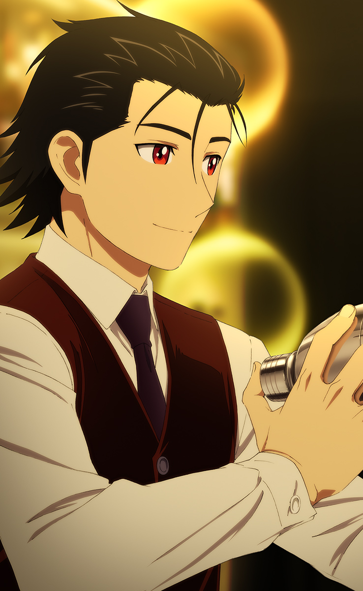 1boy bartender bartender_(series) black_hair black_necktie closed_mouth cocktail_shaker collared_shirt dim_lighting hands_up highres holding_shaker indoors lens_flare light_smile long_sleeves looking_ahead necktie official_art portrait red_eyes red_vest sasakura_ryuu shirt short_hair solo split_mouth standing very_short_hair vest white_shirt