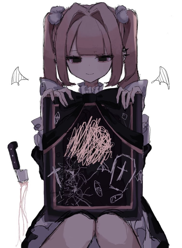 1girl aegyo_sal black_eyes blood blood_on_ground blunt_bangs bow cross drawn_wings dress frilled_dress frills hair_bow holding_portrait implied_attack knees_together_feet_apart knees_up knife original pink_hair planted portrait_(object) ribbon sidelocks sitting smile solo tombstone twintails upper_body uxvqx white_background