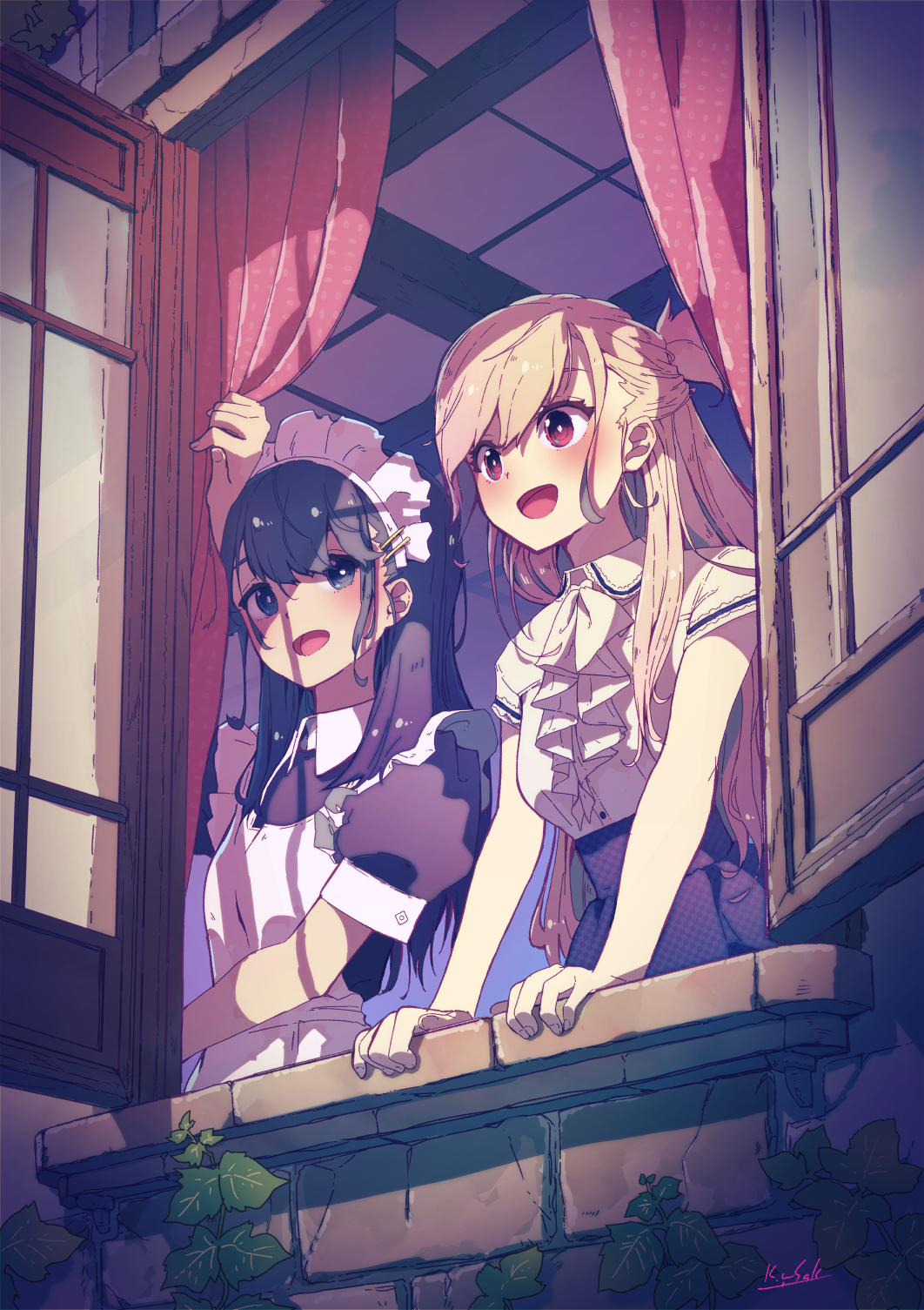 2girls black_eyes black_hair blonde_hair blush curtains day dress hair_ornament hairclip highres ivy kagawa_yuusaku long_hair looking_at_another maid maid_headdress multiple_girls open_mouth open_window original pinafore_dress puffy_short_sleeves puffy_sleeves red_eyes short_sleeves sleeveless_dress window