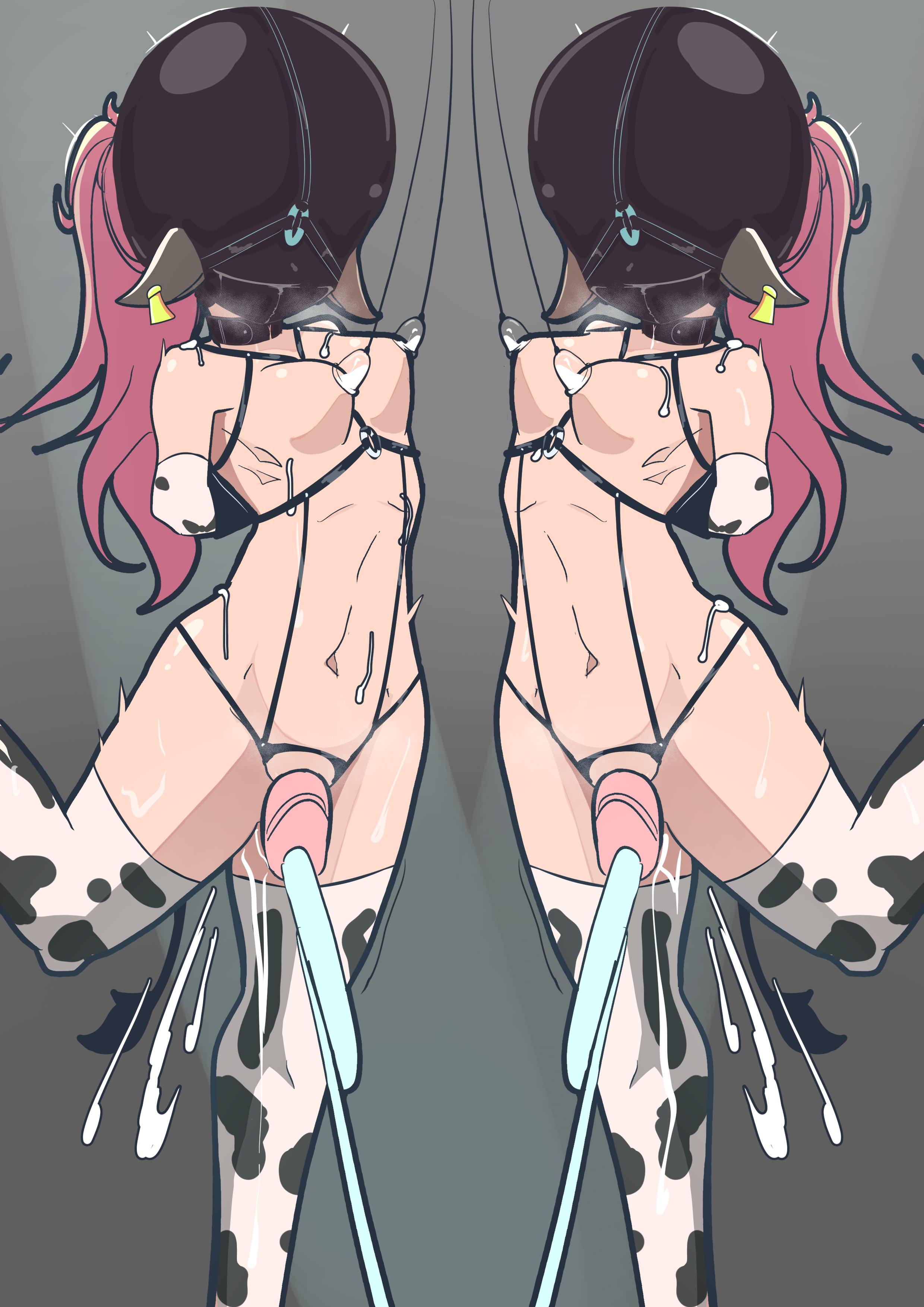 2girls absurdres animal_ears animeretrograde bdsm bondage bound cow_ears cow_girl cum highres human_cattle milking milking_machine multiple_girls ponytail sex_toy siblings sisters slave sweat twins vibrator