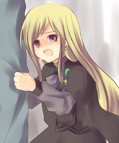 00s 1girl blonde_hair cape female_focus higurashi_no_naku_koro_ni lowres matsuribayashi-hen red_eyes solo takano_miyo tears