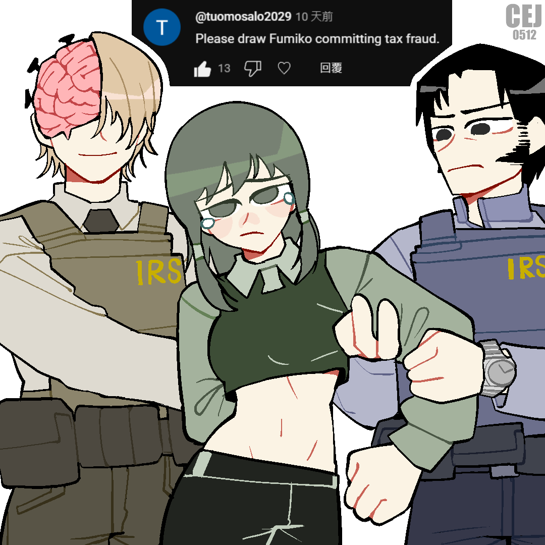 1girl 2boys arrest artist_name black_eyes black_hair black_necktie blonde_hair bulletproof_vest chainsaw_man commentary crop_top cropped_shirt english_commentary english_text exposed_brain fewer_digits frown green_eyes green_hair irs jim1234511 katana_man_(chainsaw_man) long_sideburns low-tied_sidelocks midriff mifune_fumiko multiple_boys nail_fiend_(chainsaw_man) nail_polish navel necktie sideburns sidelocks tears watch wristwatch