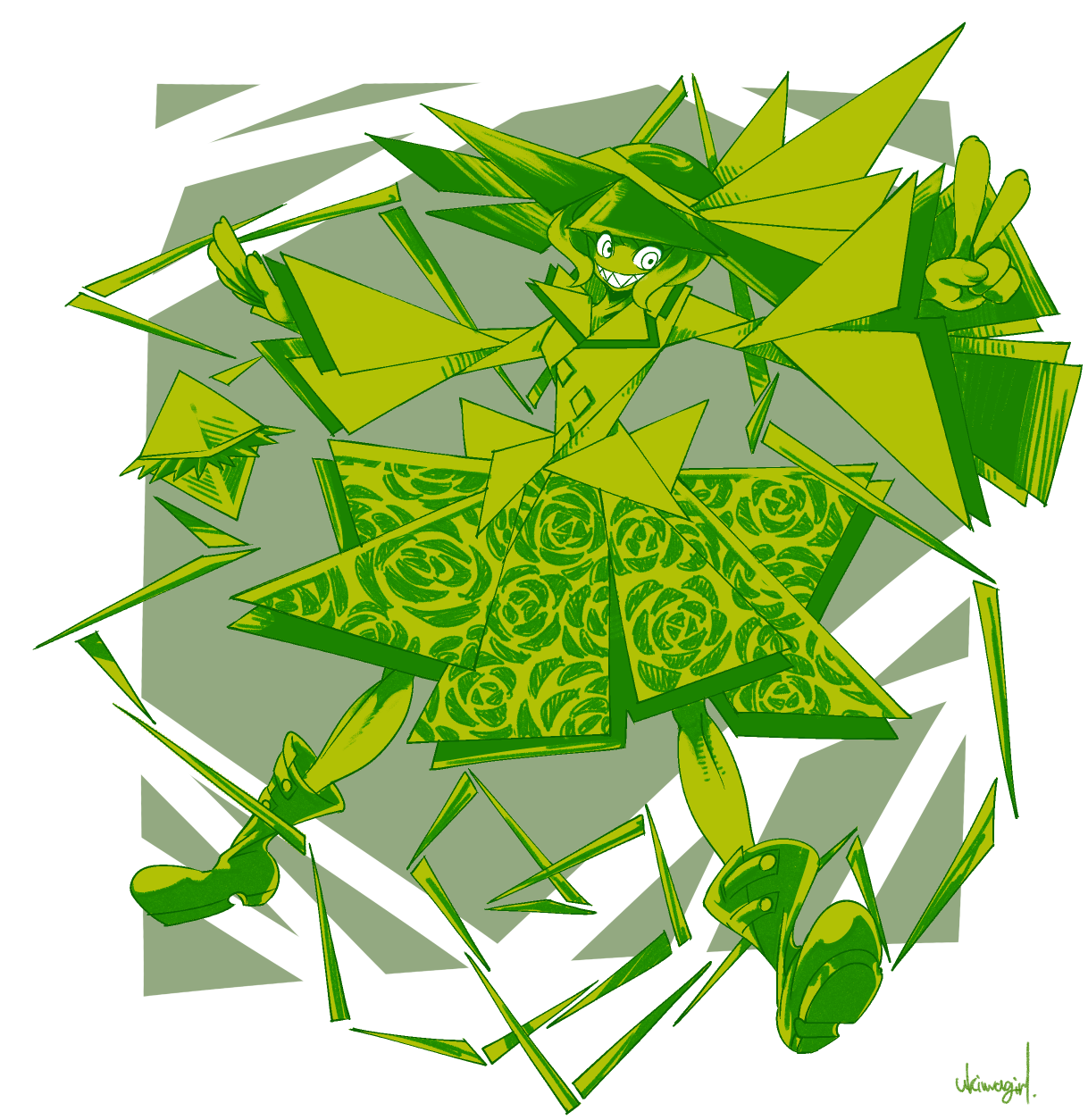 1girl boots bow commentary_request floral_print full_body geometry green_theme grin hat hat_bow highres komeiji_koishi looking_at_viewer math monochrome print_skirt rose_print sharp_teeth shirt short_hair skirt smile solo teeth touhou ukiwagirl v