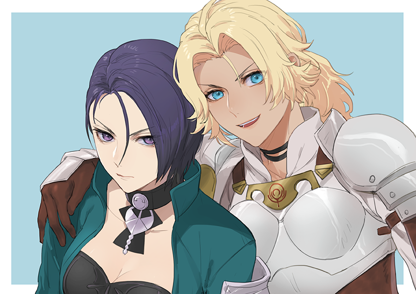 2girls :d aqua_jacket arm_around_shoulder armor black_choker blonde_hair blue_background blue_eyes blue_hair border breastplate breasts brown_gloves catherine_(fire_emblem) choker cleavage collarbone fire_emblem fire_emblem:_three_houses gloves hand_on_another&#039;s_shoulder isa_(peien516) jacket medium_breasts multiple_girls nintendo open_mouth outside_border purple_eyes shamir_nevrand shoulder_armor smile upper_body white_border