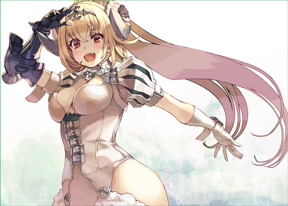 1girl armor armored_gloves blonde_hair blush breasts collar demon_girl demon_horns fang gloves happy horns long_hair lucifer_(sin_nanatsu_no_taizai) lucifer_(the_seven_deadly_sins) nishii_(damnedrive) open_mouth red_eyes sin_nanatsu_no_taizai the_seven_deadly_sins white_background
