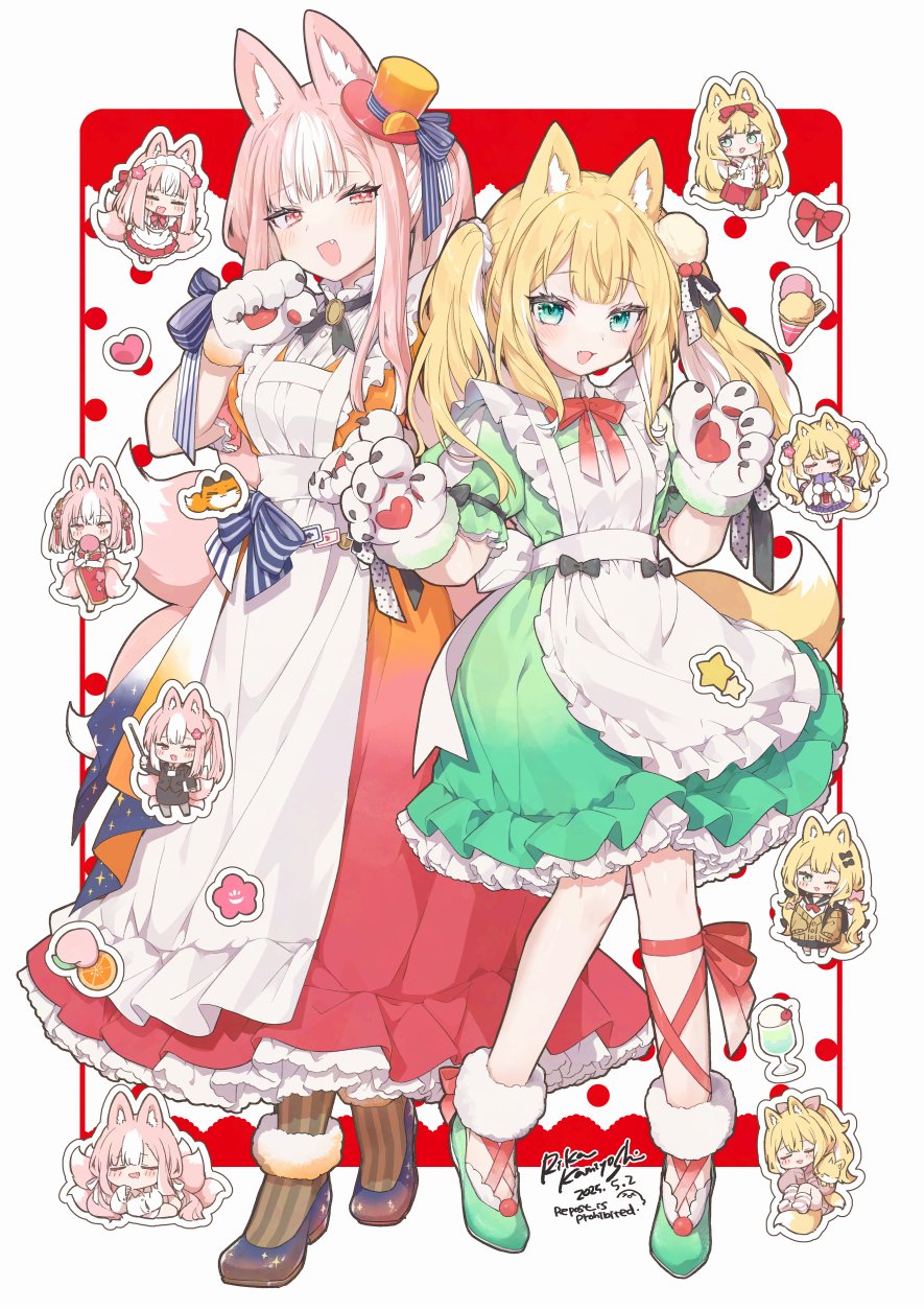 2girls animal_ear_fluff animal_ears animal_hands apron artist_name blonde_hair bow bowtie chibi double-parted_bangs dress fang food fox_ears fox_girl fox_tail full_body fuwafuwa-chan_(kamiyoshi_rika) gloves gradient_clothes gradient_dress green_dress green_eyes green_shoes hat highres ice_cream kamiyoshi_rika leg_ribbon long_dress long_hair looking_at_viewer maid_apron mini_hat mini_top_hat multicolored_hair multiple_girls okitsune-sama_(kamiyoshi_rika) open_mouth orange_dress original pantyhose paw_gloves pink_eyes pink_hair red_bow red_bowtie red_dress red_ribbon ribbon shoes smile standing striped_clothes striped_pantyhose tail top_hat twintails two-tone_hair white_apron white_hair
