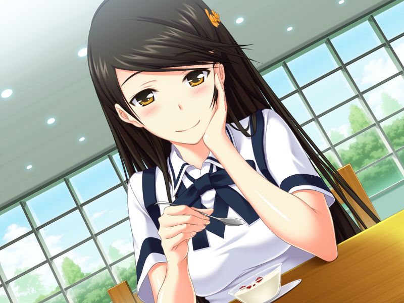 1girl black_hair black_ribbon blush closed_mouth collared_shirt game_cg hazakura_seiso head_rest holding holding_spoon indoors kawagishi_keitarou kawakami_academy_school_uniform long_hair looking_at_viewer maji_de_watashi_ni_koi_shinasai! neck_ribbon ribbon school_uniform shirt short_sleeves sitting smile solo spoon straight_hair swept_bangs very_long_hair white_shirt wing_collar yellow_eyes