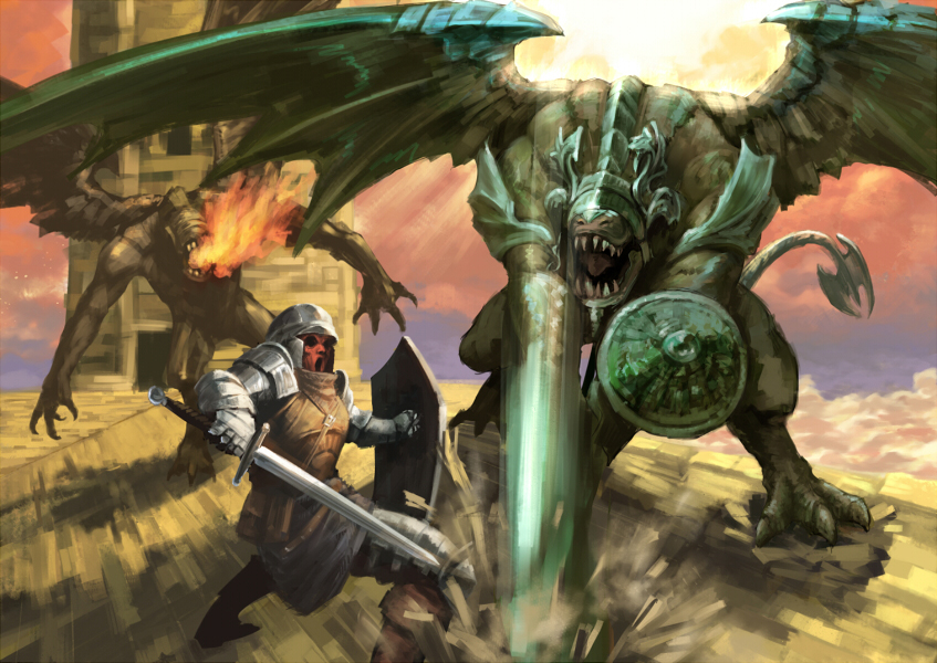 1boy armor belfry_gargoyle bell_gargoyle chosen_undead dark_souls_(series) dark_souls_i fire fromsoftware helmet huge_weapon senri shigumo_(shigeru) sword tail undead weapon