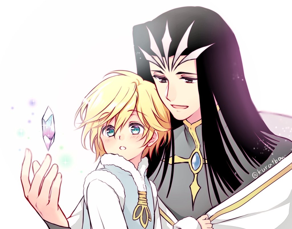 2boys :d :o aged_down ashura-ou black_hair blonde_hair blue_eyes blue_vest blush carrying child child_carry cloak crown crystal curtained_hair fai_d._flowright fatherly fur-trimmed_vest fur_trim grey_shirt hair_between_eyes hand_up kurabayashi long_hair looking_at_object male_focus multiple_boys object_floating_above_hand open_mouth parted_bangs shirt short_hair simple_background smile surprised tsubasa_chronicle upper_body vest white_background white_cloak white_shirt