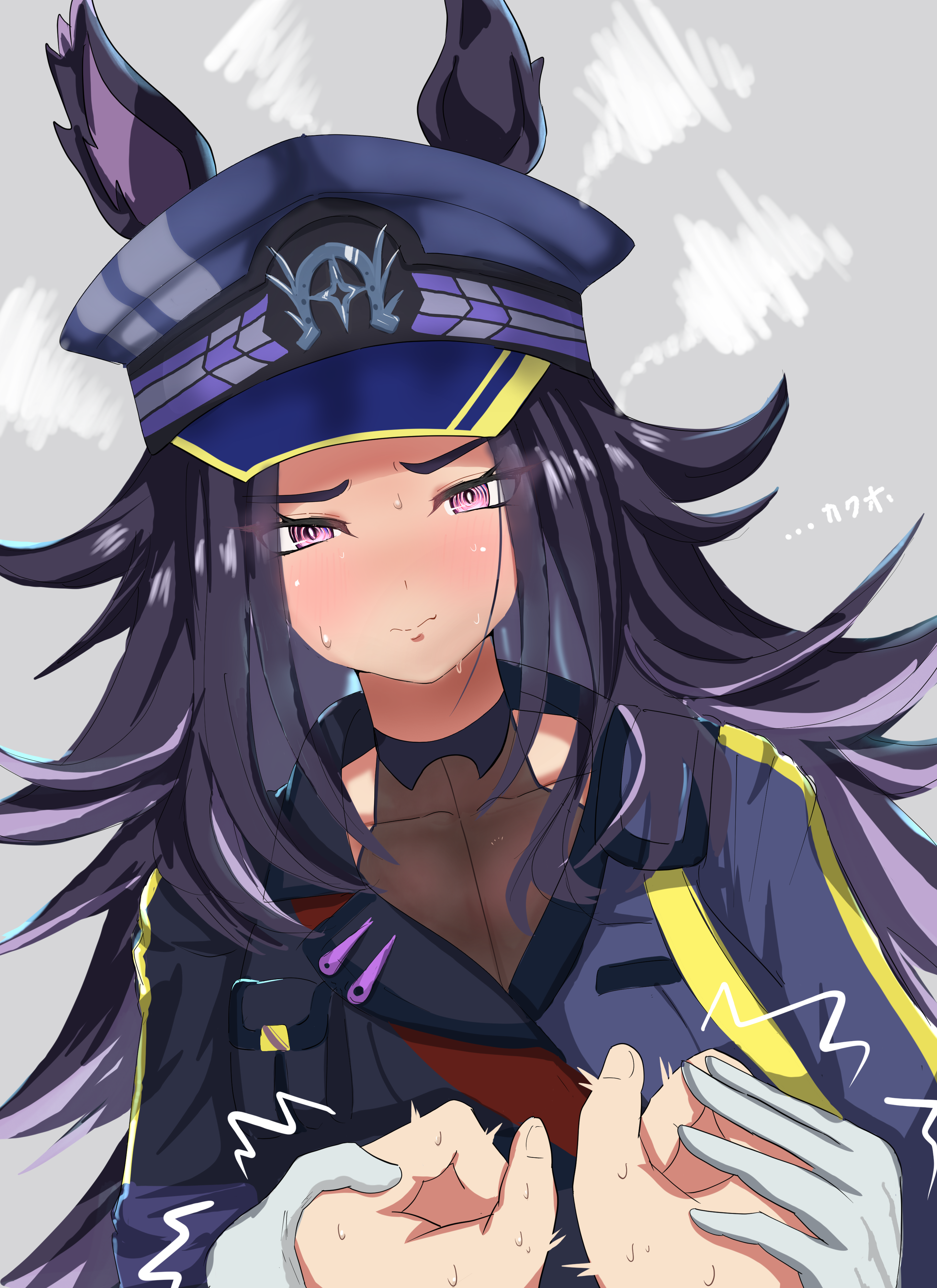 1girl 1other @_@ absurdres animal_ears black_hair black_hat black_jacket blush breasts cleavage collarbone commentary_request ears_through_headwear fenomeno_(umamusume) gloves grey_background hat highres holding_hands horse_ears horse_girl itsuyoitsuyo jacket long_hair long_sleeves looking_at_viewer medium_breasts multicolored_jacket peaked_cap purple_eyes sidelocks simple_background squiggle trainer_(umamusume) two-tone_jacket umamusume very_long_hair wavy_mouth white_gloves
