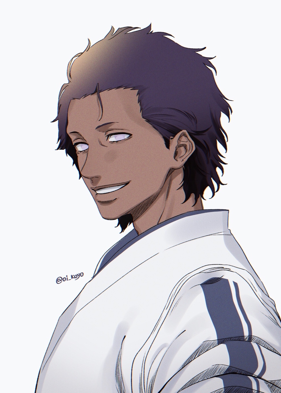 1boy bad_id bad_pixiv_id black_hair bleach blind dark-skinned_male dark_skin highres japanese_clothes kimono oikoyo short_hair simple_background smile solo tousen_kaname twitter_username upper_body white_background white_eyes white_kimono
