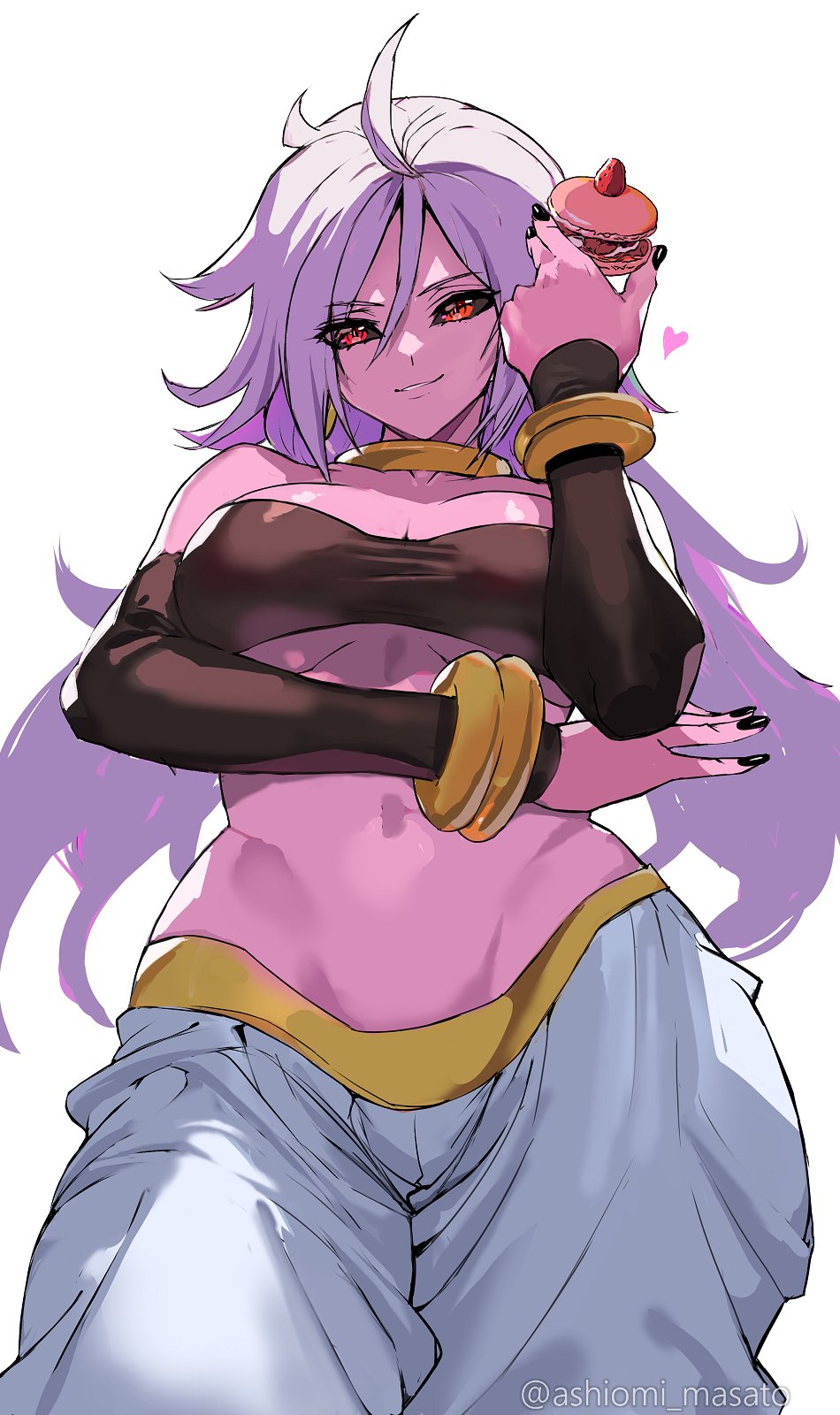 1girl android_21 ashiomi_masato bare_shoulders black_sclera black_tube_top blush bracelet breasts colored_sclera colored_skin detached_sleeves dragon_ball dragon_ball_fighterz earrings food harem_pants highres jewelry large_breasts long_hair looking_at_viewer macaron majin_android_21 navel neck_ring pants pink_skin pointy_ears red_eyes smile solo strapless tube_top white_hair white_pants