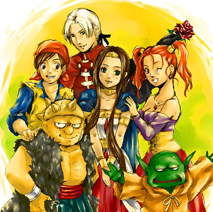 2girls 4boys angelo arao_(rosa) auff1drau30fbo breasts brown_hair cape circlet colored_skin dragon_quest dragon_quest_viii dress everyone facing_viewer green_eyes green_skin hero_(dq8) jessica_albert kukuru_(dq8) kukuru_(dragon_quest) long_hair looking_at_viewer lowres medea_(dq8) medium_breasts multiple_boys multiple_girls one_eye_closed pointy_ears red_eyes red_hair smile square_enix trode twintails wink yangus