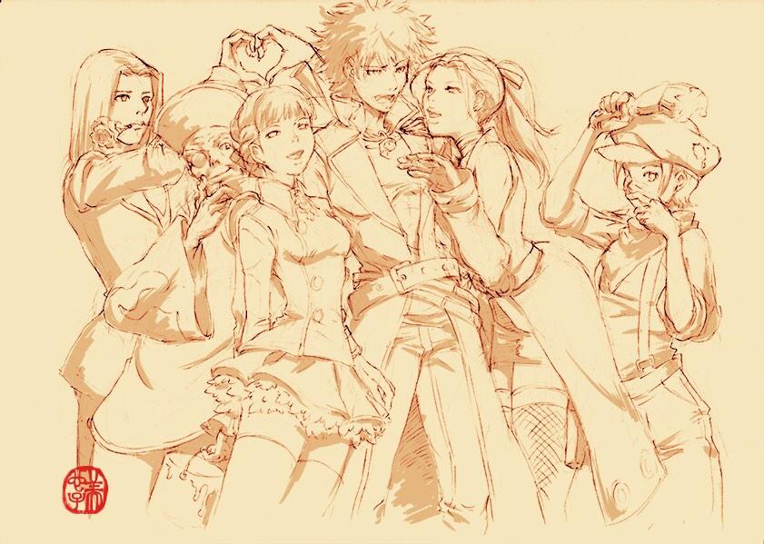 2girls 4boys alice_elliot fishnets flower greyscale halley_brancket hat katou_miyako keith_valentine margarete_gertrude_zelle monochrome multiple_boys multiple_girls open_mouth ponytail rose shadow_hearts short_hair simple_background skirt thighhighs yuri_hyuga zhuzhen_liu