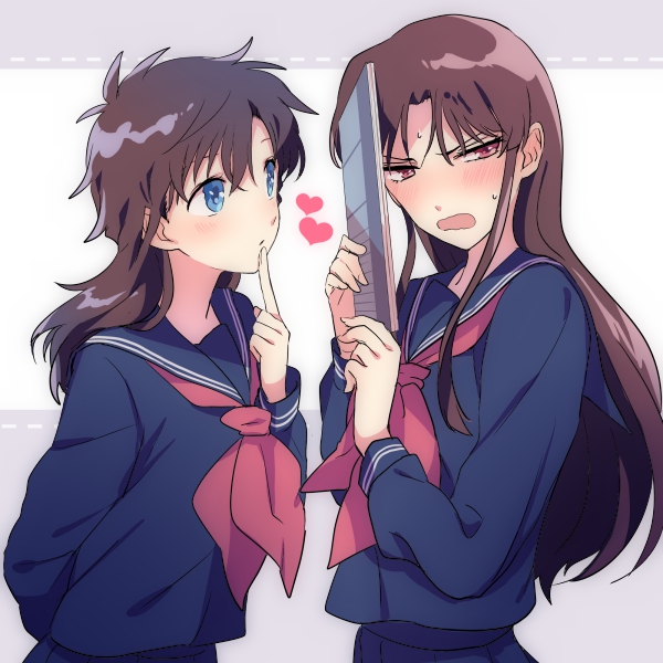 2girls akiyoshi_(tama-pete) blue_eyes blush book brown_hair commentary_request couple covering_face curious finger_to_own_chin heart holding holding_book koizumi_akako long_hair looking_at_another looking_to_the_side magic_kaito medium_hair multiple_girls nakamori_aoko nervous open_mouth partial_commentary red_eyes sailor_collar sailor_shirt school_uniform shirt sweat yuri