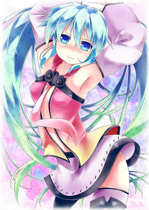 1girl armpits arms_up az_(colorb05) bad_id bad_nicoseiga_id blue_eyes blue_hair center_opening detached_sleeves female_focus freely_tomorrow_(vocaloid) gradient_hair green_hair hatsune_miku jpeg_artifacts long_hair matching_hair/eyes multicolored_hair necktie project_diva_(series) project_diva_f skirt solo hatsune_miku_(star_voice) thighhighs twintails very_long_hair vocaloid