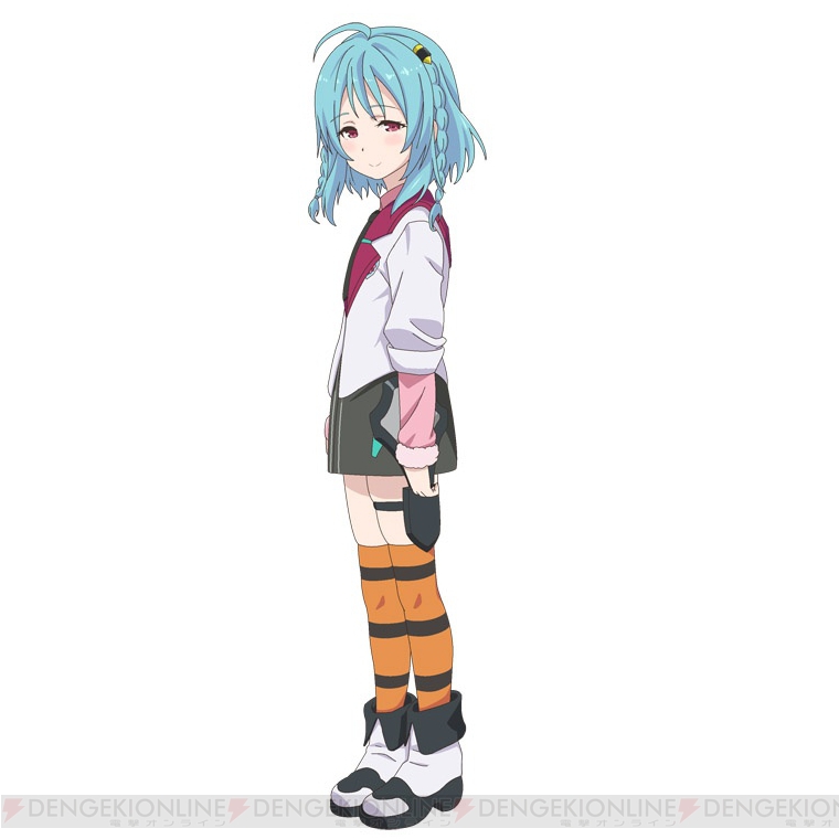 10s 1girl :o ahoge aqua_hair black_skirt blush braid colored_skin dengeki female_focus full_body gakusen_toshi_asterisk holster kawakami_tetsuya necktie official_art pink_eyes sasamiya_saya school_uniform skirt smile solo striped_legwear twin_braids white_skin