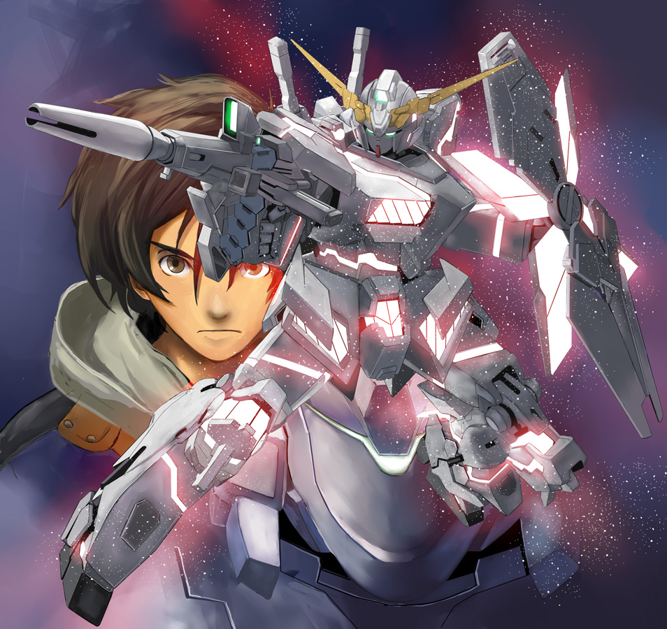 1boy 640mb banagher_links beam_rifle brown_eyes brown_hair energy_gun gun gundam gundam_unicorn male_focus mecha nt-d robot shield space unicorn_gundam weapon
