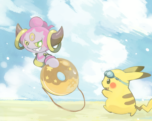 animal_focus bag beach blue_sky chasing cloud creatures_(company) from_side game_freak gen_1_pokemon gen_6_pokemon goggles goggles_on_head grin heterochromia holding holding_bag hoopa hoopa_(confined) konanbo legendary_pokemon mythical_pokemon nintendo no_humans open_mouth outdoors pikachu pokemon pokemon_(creature) sky smile walking