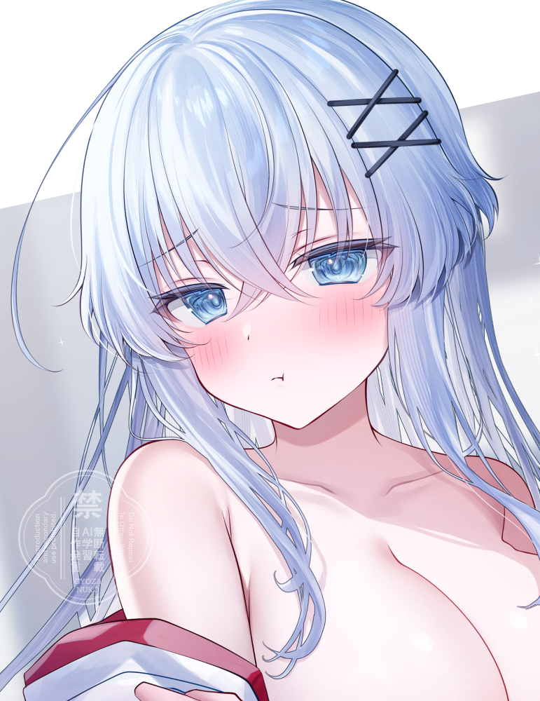 1girl :t blue_eyes blush breasts cleavage closed_mouth collarbone commentary_request grey_background grey_hair gyozanuko hair_between_eyes hair_ornament hairclip japanese_clothes kimono large_breasts long_hair looking_at_viewer miko off_shoulder original out-of-frame_censoring pout solo two-tone_background upper_body watermark white_background white_kimono x_hair_ornament