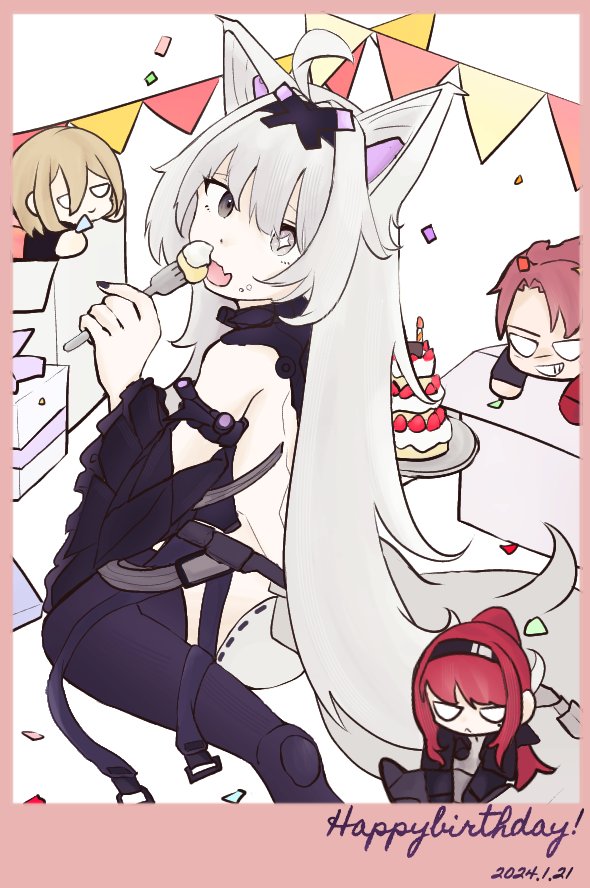 2boys 2girls ^ ahoge animal_ears backless_bodysuit birthday_cake black_bodysuit black_hairband black_jacket black_nails black_sleeves black_thighhighs bodysuit cake chibi cross-shaped_pupils dated detached_sleeves eating fang food food_on_face fork gift grey_eyes grey_hair hair_between_eyes hair_intakes hairband happy_birthday holding holding_fork jacket light_brown_hair long_hair looking_back mechanical_arms mechanical_ears mechanical_spine medium_hair mismatched_pupils multiple_boys multiple_girls murray_(pgr) n4gi5nagi no._21:_feral_scent_(pgr) no._21_(pgr) noctis_(pgr) open_mouth ponytail punishing:_gray_raven red_hair sidelocks single_mechanical_arm skin_fang symbol-shaped_pupils tail thighhighs vera:_garnet_(pgr) vera_(pgr) very_long_hair wide_sleeves wolf_ears wolf_tail
