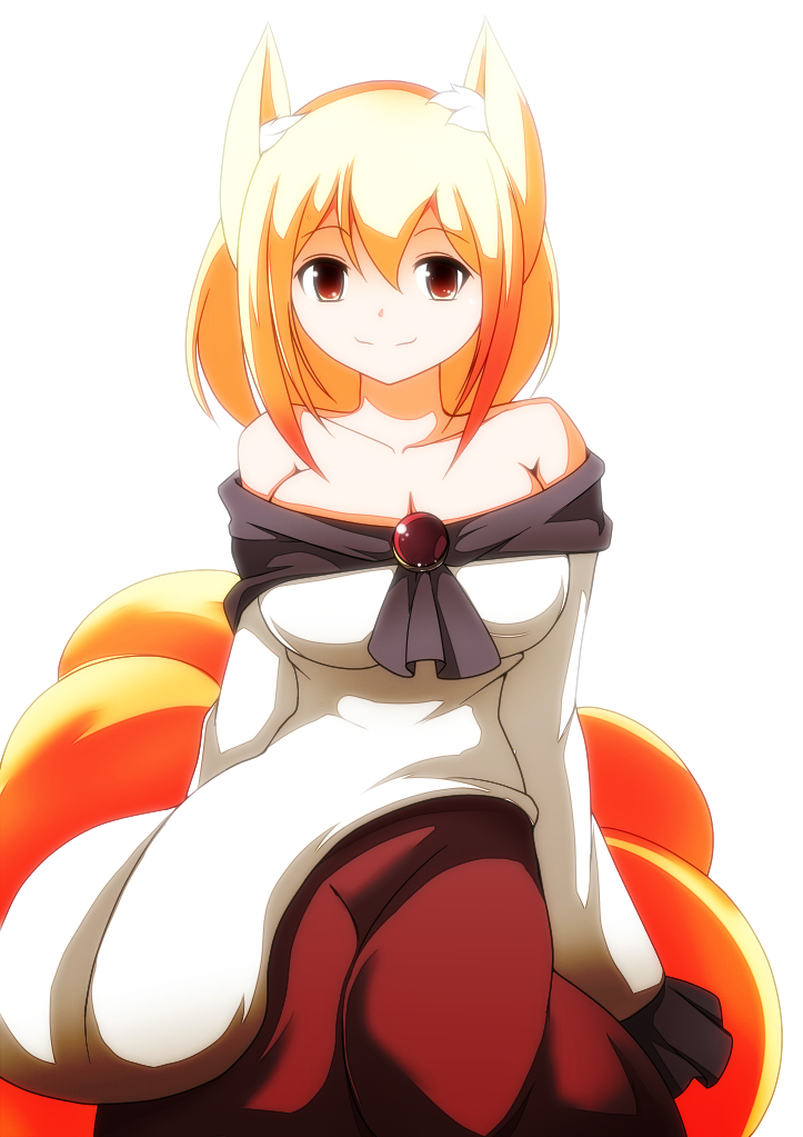 1girl alternate_costume animal_ears arm_support blonde_hair breasts brooch brown_eyes cosplay female_focus fox_ears fox_tail imaizumi_kagerou imaizumi_kagerou_(cosplay) jewelry large_breasts long_sleeves looking_at_viewer merry_(diameri) multiple_tails off_shoulder red_skirt short_hair sitting skirt skirt_set smile solo tail touhou wide_sleeves yakumo_ran