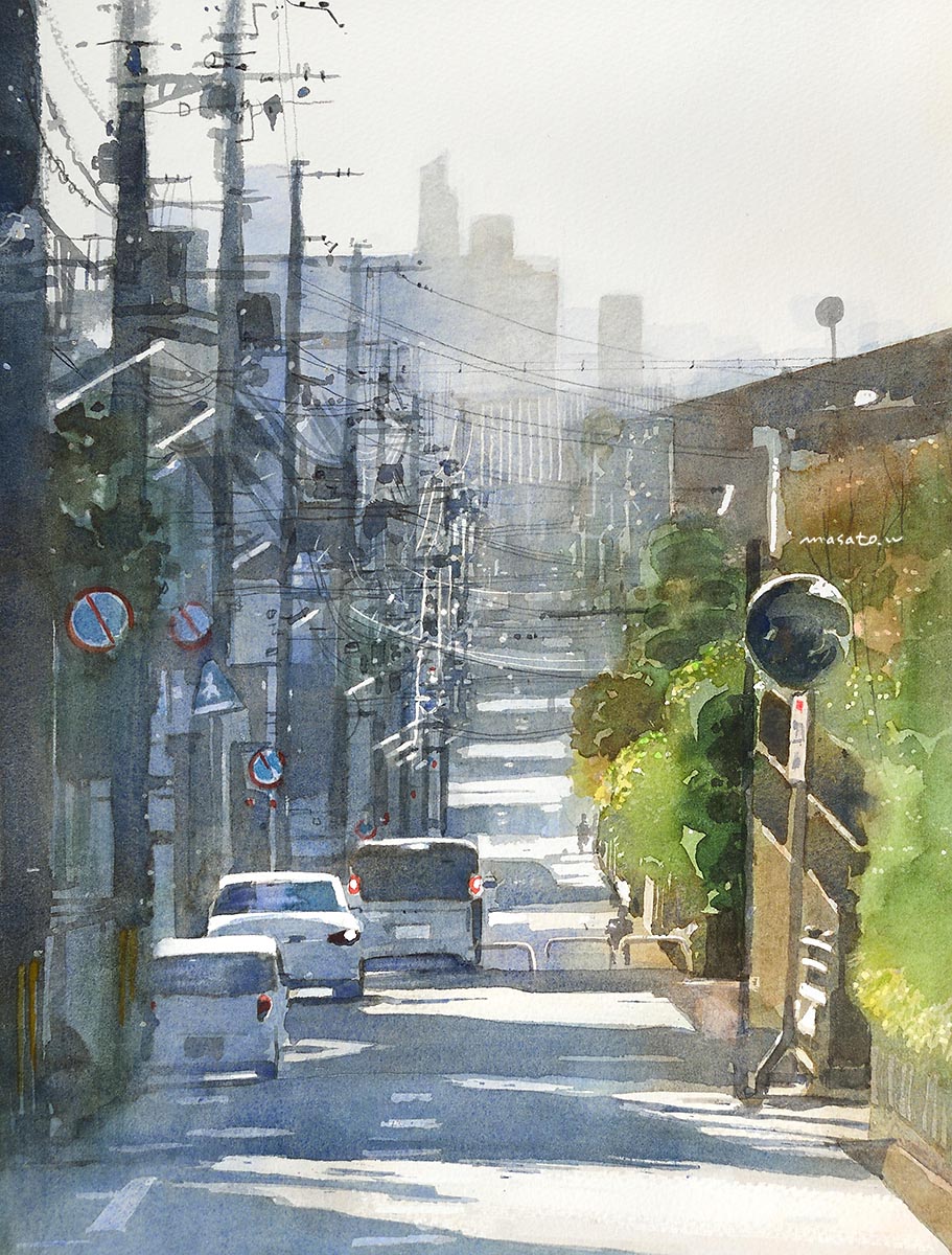 apartment building cable car city day highres motor_vehicle original painting_(medium) plant power_lines radar_dish realistic road road_sign scenery shadow sign street sunlight traditional_media traffic_mirror tree utility_pole watanabe_masato watercolor_(medium)