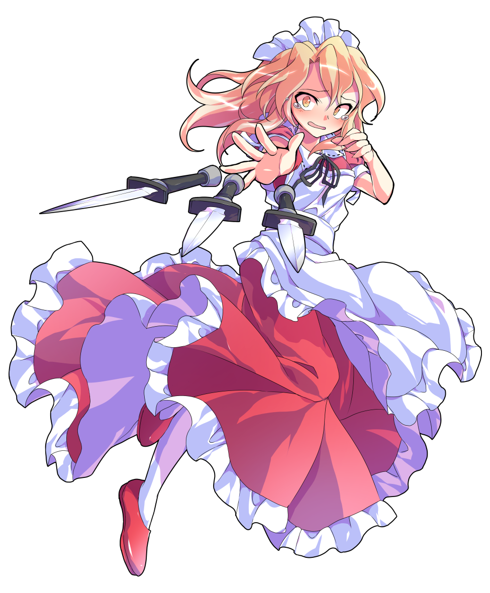 1girl alphes_(style) apron bare_arms black_ribbon blonde_hair blush breasts collared_dress commentary_request dairi dress frilled_apron frilled_dress frills frown full_body hair_between_eyes hair_intakes large_variant_set leg_up long_hair maid maid_apron maid_headdress open_mouth palms pantyhose parody puffy_short_sleeves puffy_sleeves red_dress red_shoes ribbon shoes short_sleeves small_breasts solo style_parody sword tears throwing touhou touhou_(pc-98) transparent_background variant_set weapon white_apron white_pantyhose wide-eyed yellow_eyes yumeko_(touhou)