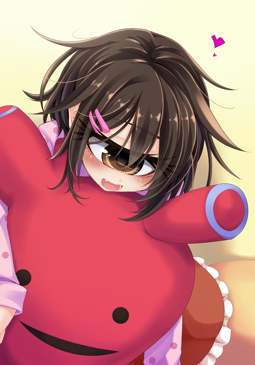 1girl :d blush brown_eyes brown_hair cyclops fang female_focus hair_ornament hairclip heart heart-shaped_pillow highres hitomebore hug hugging_doll hugging_object ogami_kazuki one-eyed open_mouth original pajamas pillow single_eye smile solo stuffed_toy usui_sachi