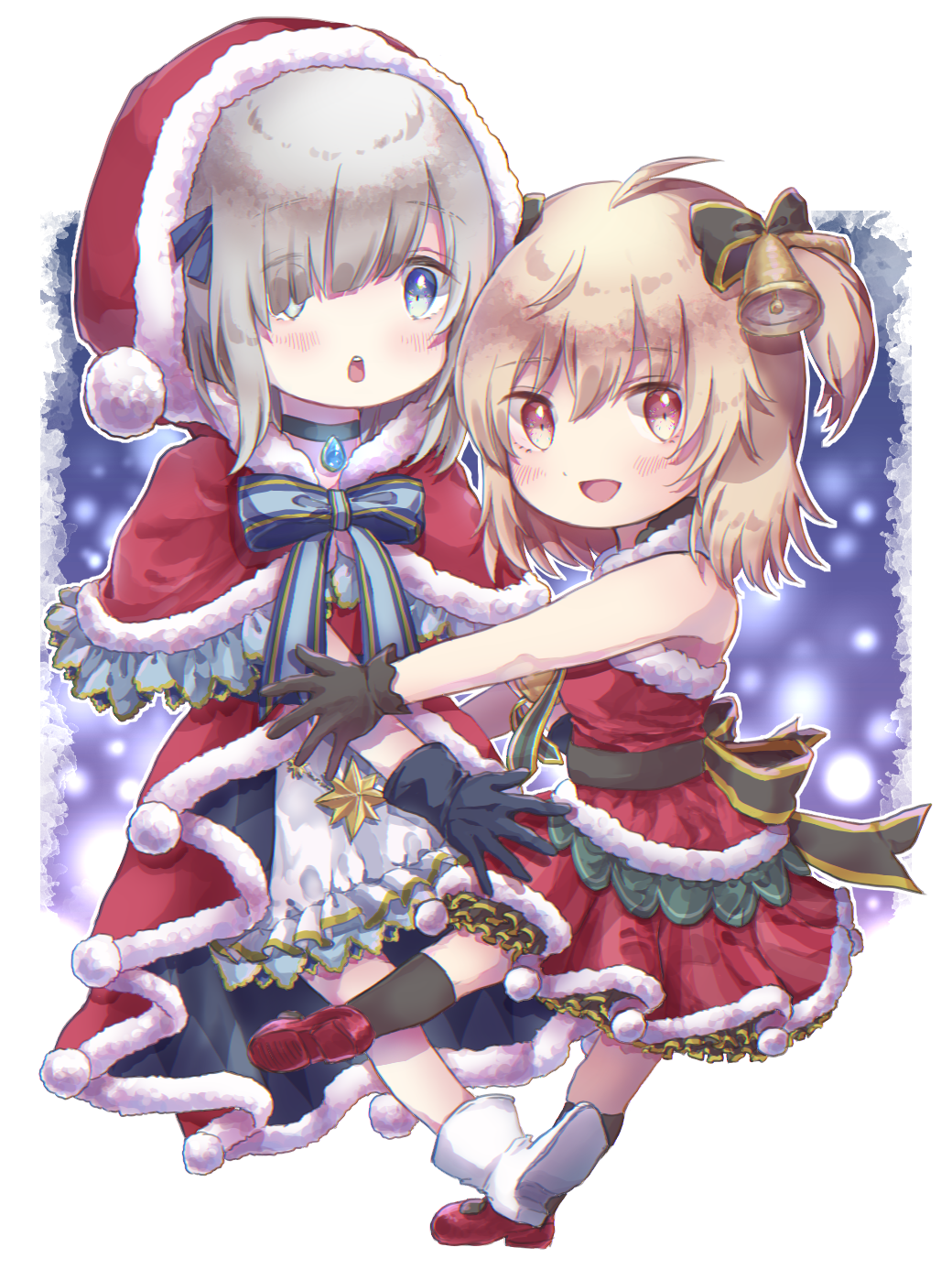 2girls :d :o ahoge ayano_rika ayano_rika_(christmas_ver.) bare_arms bell black_bow black_gloves black_ribbon blonde_hair blue_eyes blue_gemstone blue_gloves blue_ribbon blue_skirt blush boots border bow brown_gloves brown_legwear capelet choker christmas diagonal_bangs dress eyes_visible_through_hair frilled_capelet frilled_dress frilled_skirt frills from_side full_body fur-trimmed_capelet fur-trimmed_dress fur_trim gem gloves gold_trim grey_hair hair_bell hair_between_eyes hair_bow hair_ornament hair_over_one_eye hair_ribbon highres hood hood_up hooded_capelet hug isuzu_ren isuzu_ren_(christmas_ver.) kneehighs looking_at_viewer magia_record:_mahou_shoujo_madoka_magica_gaiden mahou_shoujo_madoka_magica medium_hair multiple_girls octagram oh_ring open_mouth outline overskirt pom_pom_(clothes) red_capelet red_dress red_eyes red_footwear ribbon shoes short_dress sidelocks skirt smile snowing socks tress_ribbon two_side_up white_border white_footwear white_outline