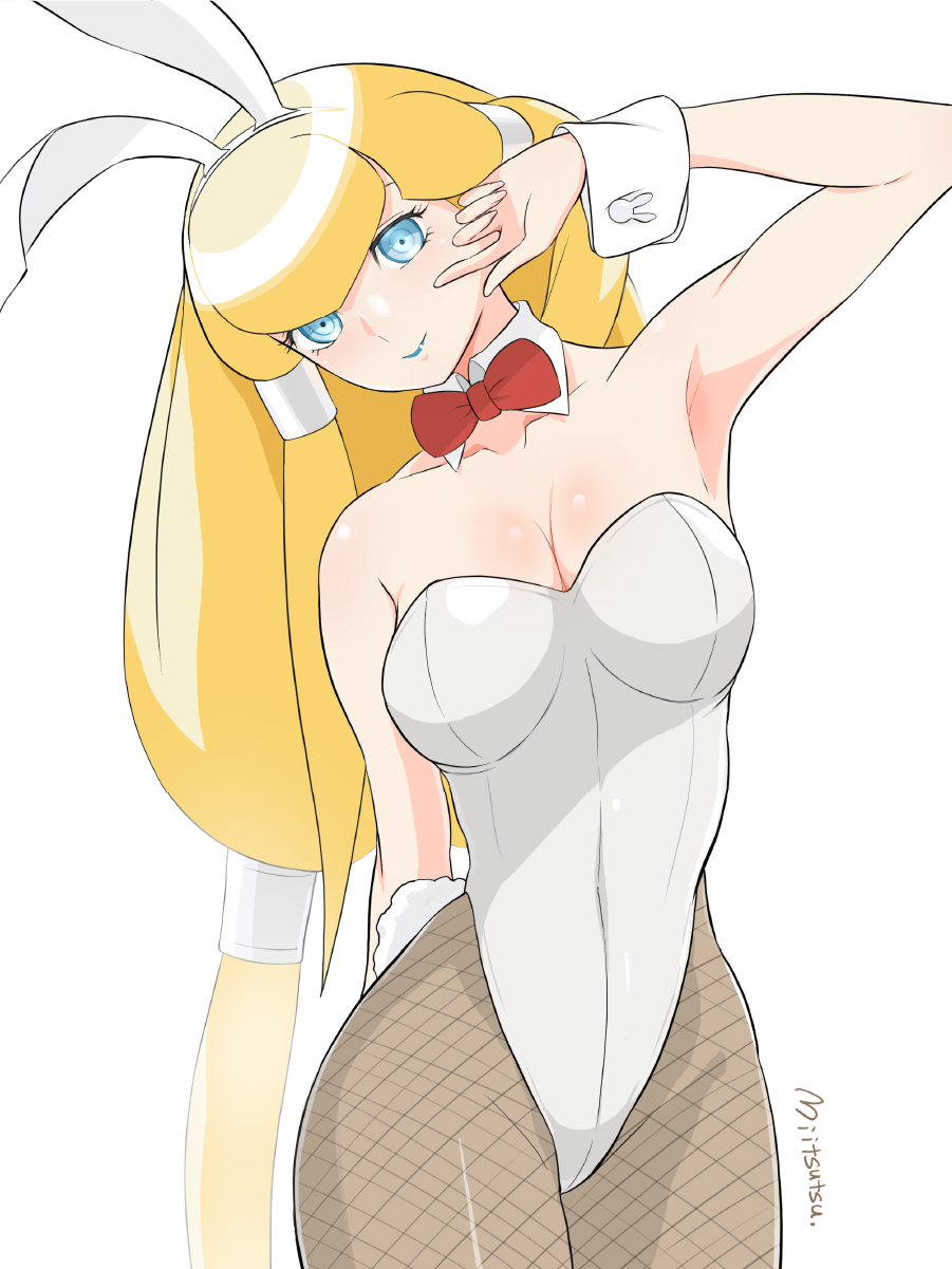 1girl animal_ears artist_name black_pantyhose blonde_hair blue_lips breasts cleavage collarbone detached_collar dianna_soreil eyebrows_hidden_by_hair fake_animal_ears finger_to_cheek fishnet_pantyhose fishnets gundam head_tilt highres leotard long_hair low-tied_long_hair medium_breasts mitsutsu322 pantyhose playboy_bunny rabbit_ears smile solo turn_a_gundam very_long_hair wrist_cuffs