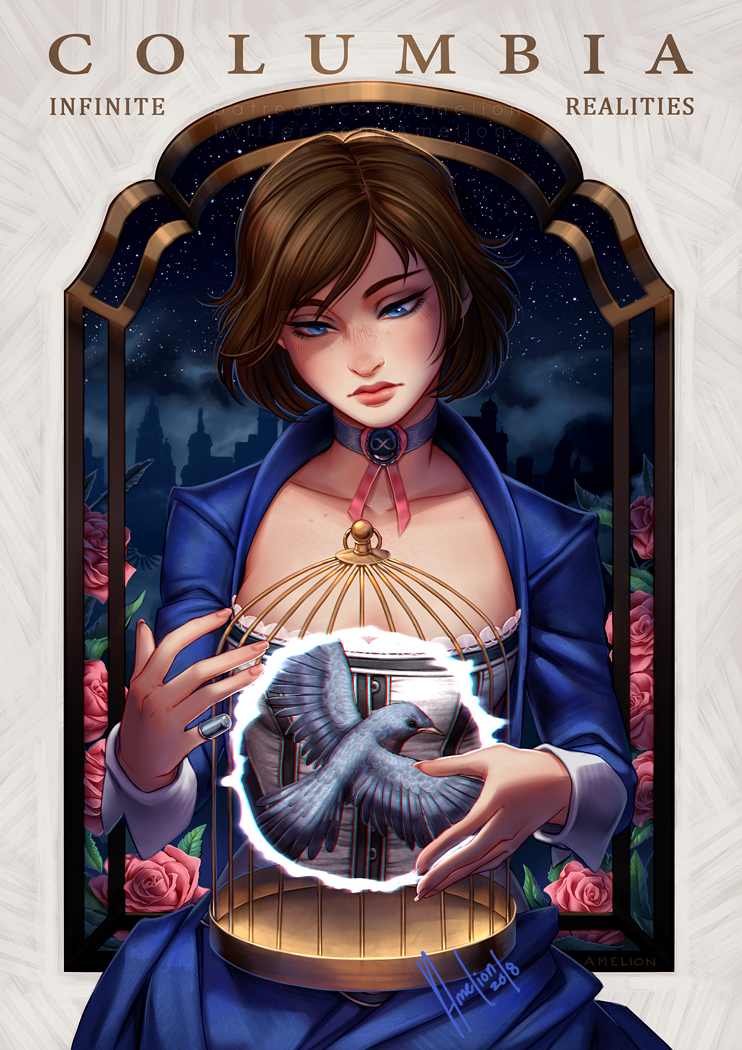 1girl amelion bioshock bioshock_(series) bioshock_infinite bird birdcage blue_choker blue_eyes blue_jacket blue_skirt body_freckles breasts brown_hair cage choker collarbone commentary corset elizabeth_(bioshock_infinite) english_commentary eyeshadow fingernails freckles jacket lips long_skirt looking_down makeup sad short_hair skirt small_breasts solo thimble white_corset