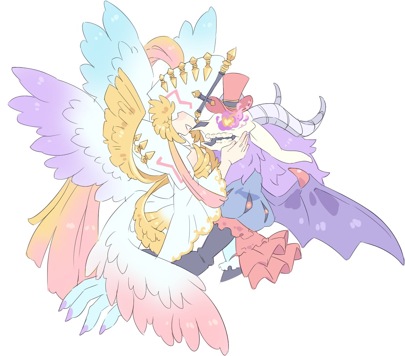 2girls angel angel_girl angewomon angewomon_x-antibody demon demon_girl digimon hat mephismon mephismon_x-antibody multiple_girls simple_background skull smile white_background
