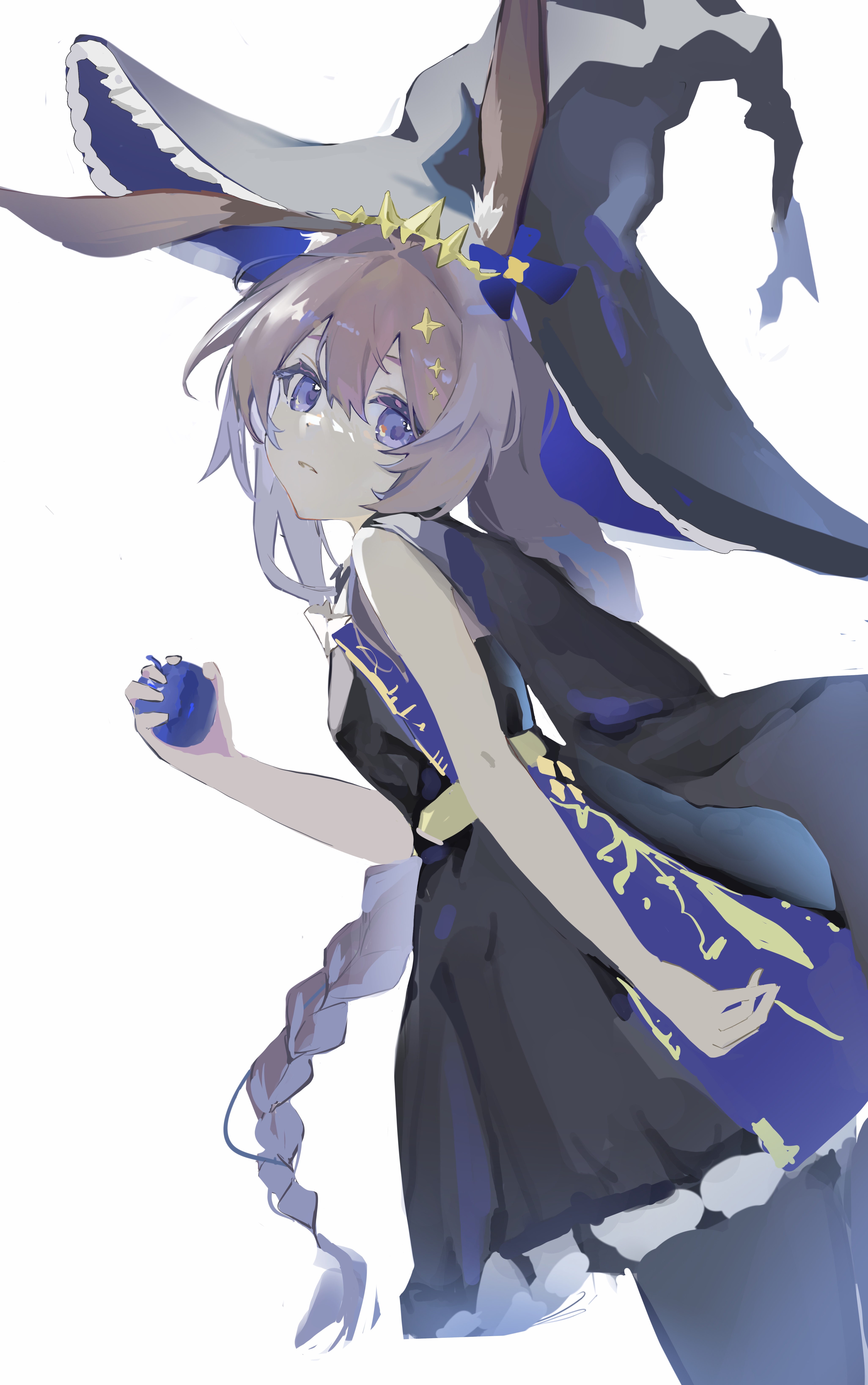 1girl absurdres ambience_synesthesia amiya_(arknights) amiya_(medic)_(arknights) amiya_(medic)_(solo_around_the_world)_(arknights) animal_ears apple arknights bare_shoulders black_cape black_hat black_pantyhose blue_apple blue_hat cape cowboy_shot food fruit hair_between_eyes hat highres holding holding_food holding_fruit looking_at_viewer official_alternate_costume pantyhose parted_lips purple_eyes reach_far_away_(viuooczy) simple_background sketch solo standing two-sided_fabric two-sided_headwear white_background witch_hat